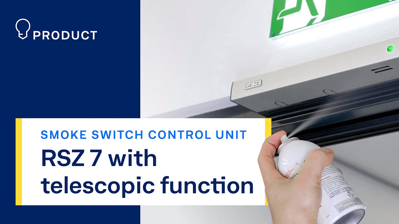 GEZE | RSZ 7 smoke switch control unit with telescope function Secure solution for unfavourable lintel situations that leave too little space above the smoke chambers: The RSZ 7 smoke switch control unit has a new telescope function. The smoke detector can be extended, making it possible to bridge overhangs of about 30 mm.